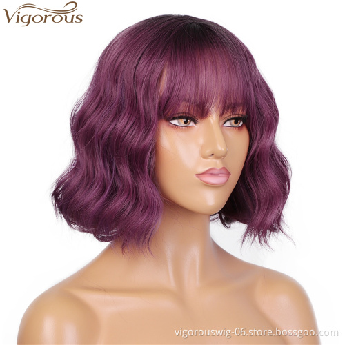 Vigorous Fashion Girl Synthetic Short Wavy Wigs Natural Short Bob Purple Wig With Neat Bangs  Heat Resistant Wholesale Price